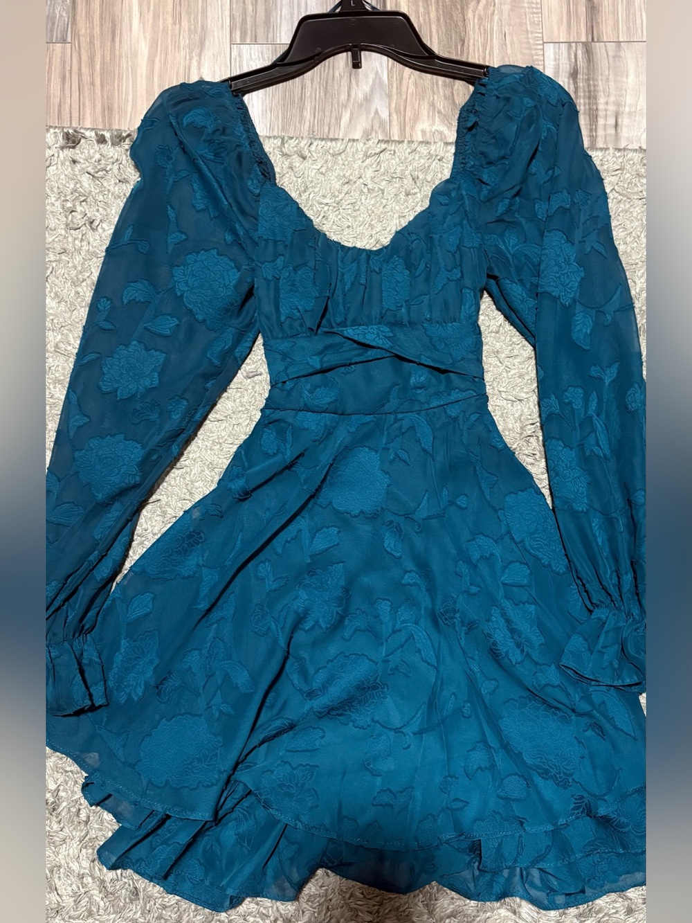 Allison + Kelly Teal Floral Jacquard Puff Sleeve Mini Dress Size S